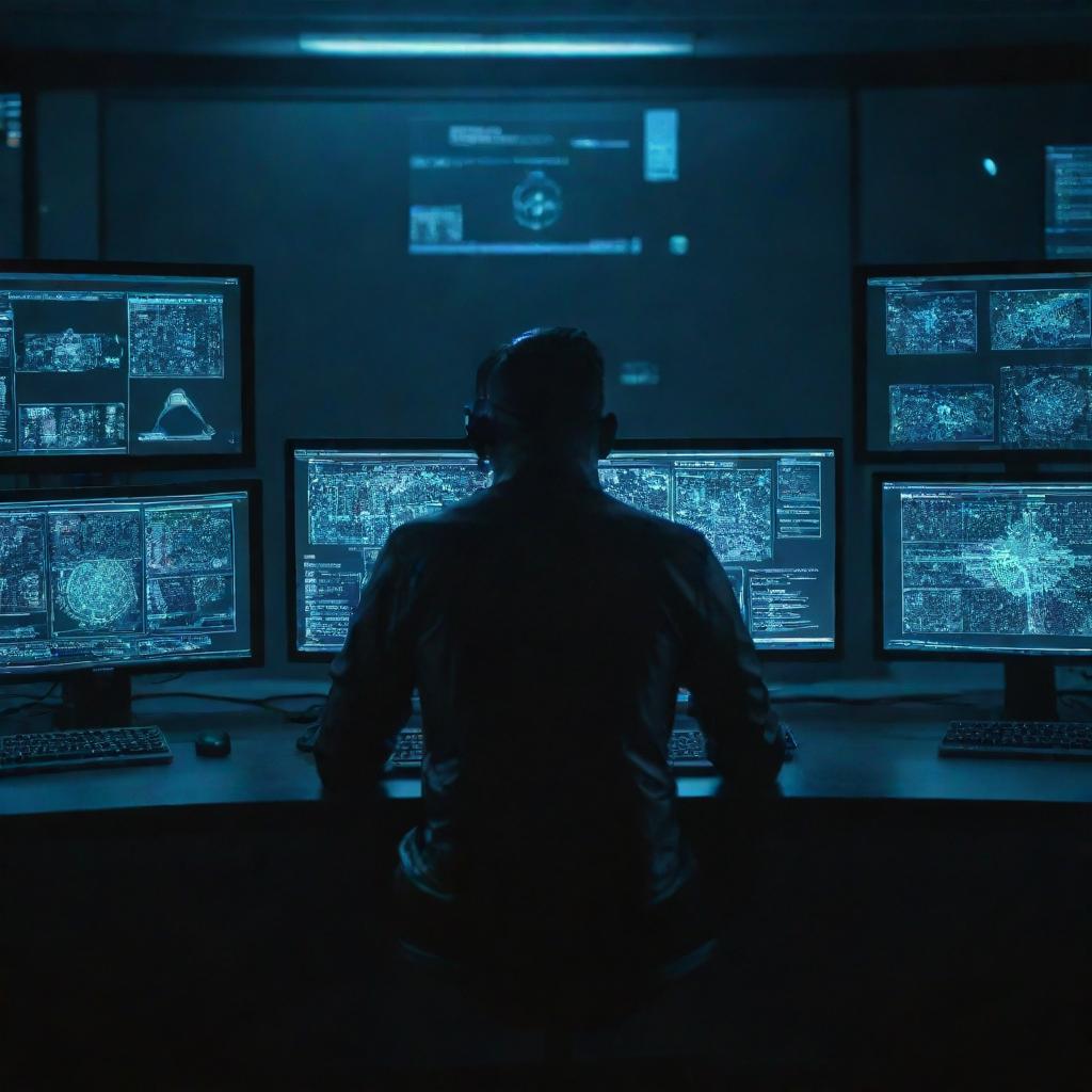 A cyberpunk styled hacker sitting in a dimly lit room in front of multiple screens, with holographic representations of various computer viruses floating around him.