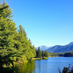 A serene landscape featuring a clear blue sky, a tranquil lake surrounded by lush green trees, and a distant mountain range