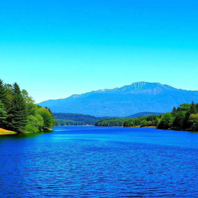 A serene landscape featuring a clear blue sky, a tranquil lake surrounded by lush green trees, and a distant mountain range