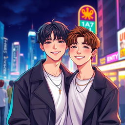 A detailed and realistic illustration of Jungkook and Taehyung from BTS, standing together and smiling