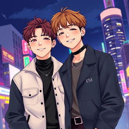 A detailed and realistic illustration of Jungkook and Taehyung from BTS, standing together and smiling