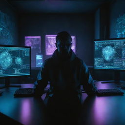 A cyberpunk styled hacker sitting in a dimly lit room in front of multiple screens, with holographic representations of various computer viruses floating around him.