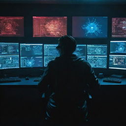 A cyberpunk styled hacker sitting in a dimly lit room in front of multiple screens, with holographic representations of various computer viruses floating around him.