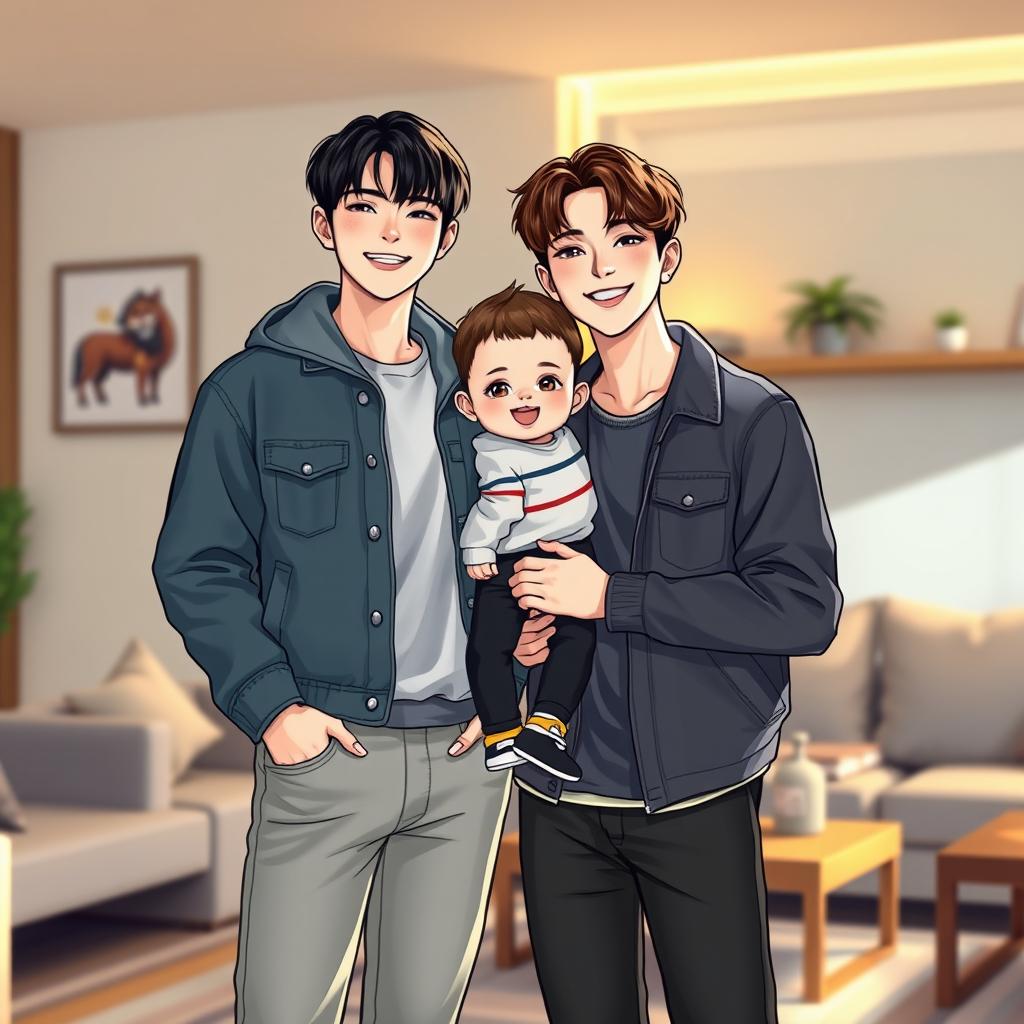 A highly realistic illustration of Jungkook and Taehyung from BTS, standing together with their young son