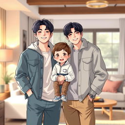 A highly realistic illustration of Jungkook and Taehyung from BTS, standing together with their young son