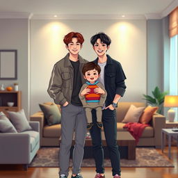 A highly realistic illustration of Jungkook and Taehyung from BTS, standing together with their young son