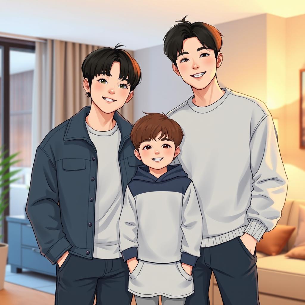 A highly realistic illustration of Jungkook and Taehyung from BTS, standing together with their young son