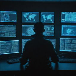 A cyberpunk styled hacker sitting in a dimly lit room in front of multiple screens, with holographic representations of various computer viruses floating around him.