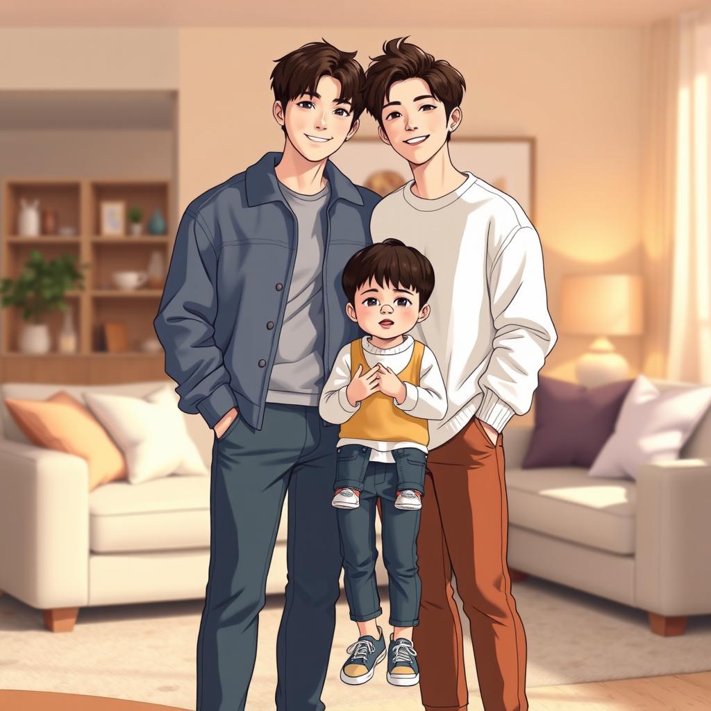 A highly realistic illustration of Jungkook and Taehyung from BTS, standing together with their young son