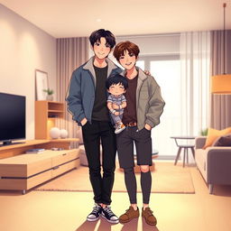 A highly realistic illustration of Jungkook and Taehyung from BTS, standing together with their young son