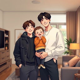 A highly realistic illustration of Jungkook and Taehyung from BTS, standing together with their young son