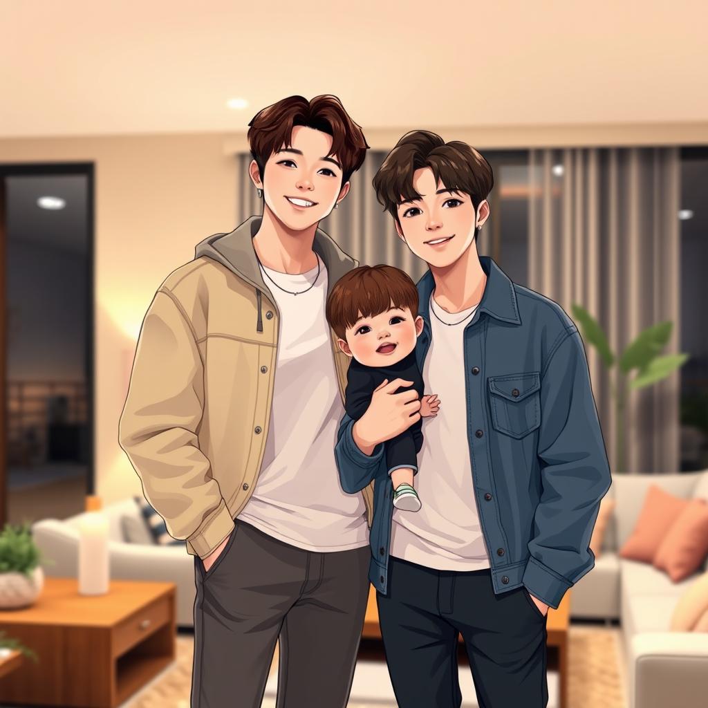 A highly realistic illustration of Jungkook and Taehyung from BTS, standing together with their young son