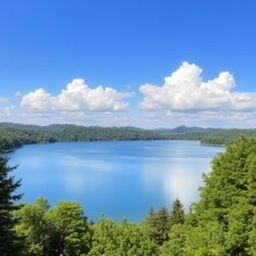 A beautiful landscape featuring a serene lake surrounded by lush green trees, with a clear blue sky overhead and a few fluffy white clouds