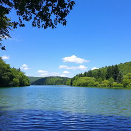 A beautiful landscape featuring a serene lake surrounded by lush green trees, with a clear blue sky overhead and a few fluffy white clouds