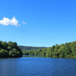 A beautiful landscape featuring a serene lake surrounded by lush green trees, with a clear blue sky overhead and a few fluffy white clouds