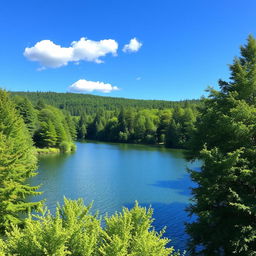 A beautiful landscape featuring a serene lake surrounded by lush green trees, with a clear blue sky overhead and a few fluffy white clouds