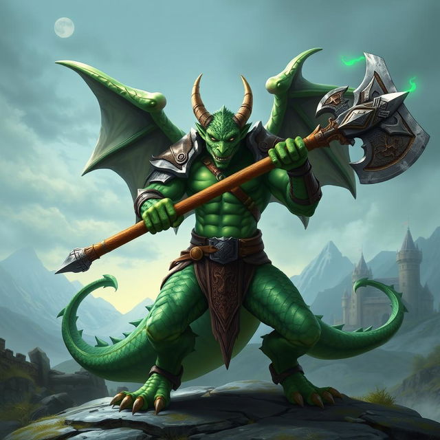 An emerald dragonborn warrior wielding a large axe, standing in a heroic pose