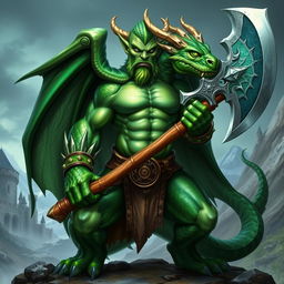 An emerald dragonborn warrior wielding a large axe, standing in a heroic pose