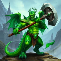 An emerald dragonborn warrior wielding a large axe, standing in a heroic pose