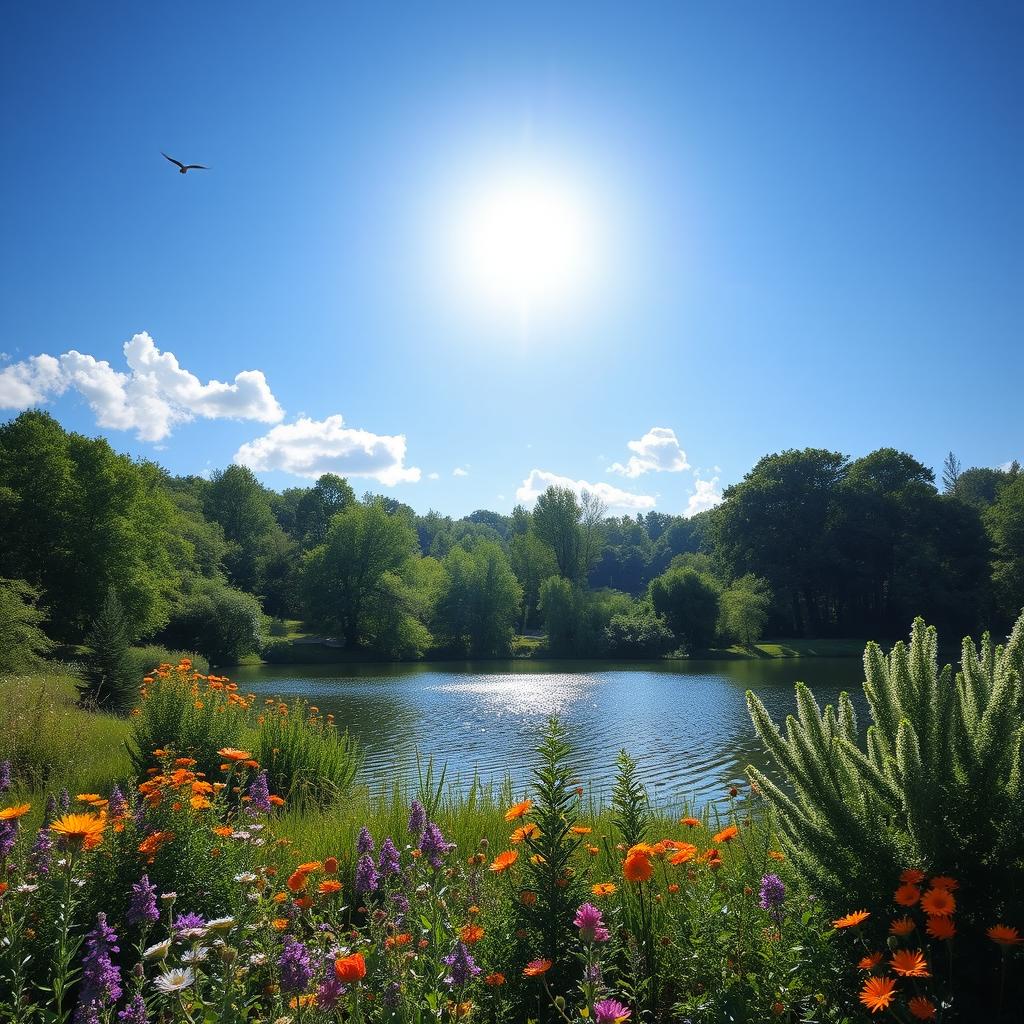 A serene landscape featuring a clear blue sky, a calm lake surrounded by lush green trees and colorful flowers