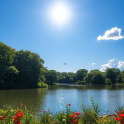 A serene landscape featuring a clear blue sky, a calm lake surrounded by lush green trees and colorful flowers