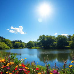 A serene landscape featuring a clear blue sky, a calm lake surrounded by lush green trees and colorful flowers