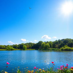 A serene landscape featuring a clear blue sky, a calm lake surrounded by lush green trees and colorful flowers