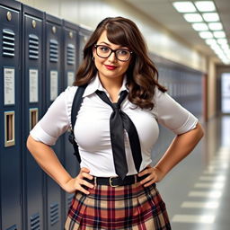 Audrey is depicted as an ironic, curvy school girl in uniform with busty curves trying to pop out of her shirt