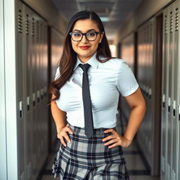 Audrey is depicted as an ironic, curvy school girl in uniform with busty curves trying to pop out of her shirt