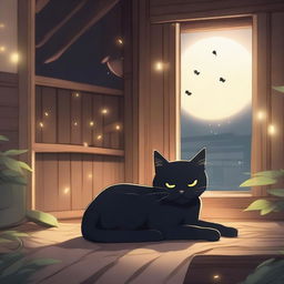 A black anime-style cat sleeping at night with a background of a wooden house and fireflies flying above the cat