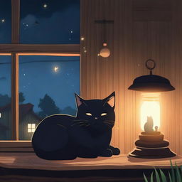 A black anime-style cat sleeping at night with a background of a wooden house and fireflies flying above the cat