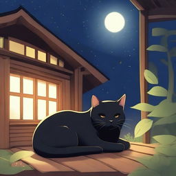 A black anime-style cat sleeping at night with a background of a wooden house and fireflies flying above the cat