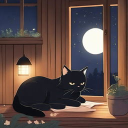 A black anime-style cat sleeping at night with a background of a wooden house and fireflies flying above the cat