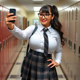 Audrey Bitoni is depicted as a curvy school girl in uniform, taking a selfie with her busty, huge boobs trying to pop out of her shirt