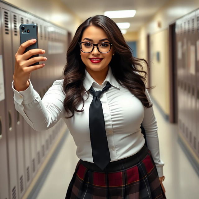 Audrey Bitoni is depicted as a curvy school girl in uniform, taking a selfie with her busty, huge boobs trying to pop out of her shirt