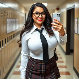 Audrey Bitoni is depicted as a curvy school girl in uniform, taking a selfie with her busty, huge boobs trying to pop out of her shirt