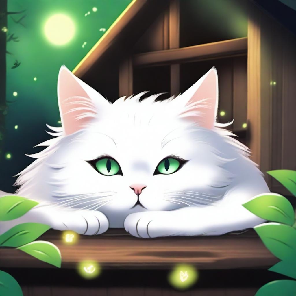 A fluffy white anime-style cat with bright green eyes sleeping at night with a background of a wooden house and fireflies flying above the cat