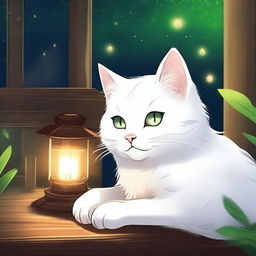 A fluffy white anime-style cat with bright green eyes sleeping at night with a background of a wooden house and fireflies flying above the cat