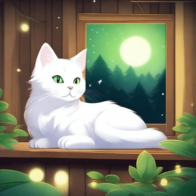 A fluffy white anime-style cat with bright green eyes sleeping at night with a background of a wooden house and fireflies flying above the cat