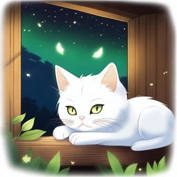 A fluffy white anime-style cat with bright green eyes sleeping at night with a background of a wooden house and fireflies flying above the cat