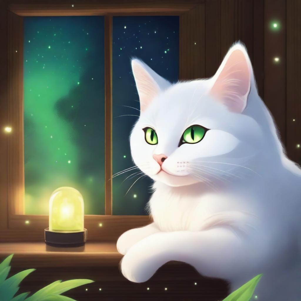 A fluffy white anime-style cat with bright green eyes sleeping at night with a background of a wooden house, fireflies flying above the cat, and a painting of a sunset and a galaxy