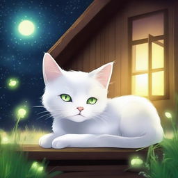 A fluffy white anime-style cat with bright green eyes sleeping at night with a background of a wooden house, fireflies flying above the cat, and a painting of a sunset and a galaxy