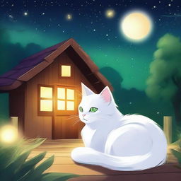 A fluffy white anime-style cat with bright green eyes sleeping at night with a background of a wooden house, fireflies flying above the cat, and a painting of a sunset and a galaxy