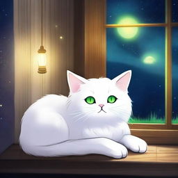 A fluffy white anime-style cat with bright green eyes sleeping at night with a background of a wooden house, fireflies flying above the cat, and a painting of a sunset and a galaxy