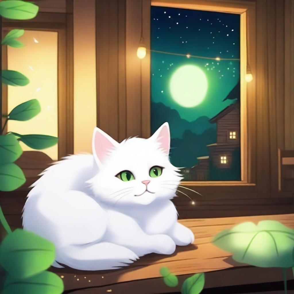 A fluffy white anime-style cat with bright green eyes sleeping at night with a background of a wooden house and fireflies flying above the cat