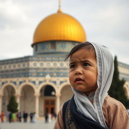 A young child crying with the backdrop of Al-Aqsa Mosque