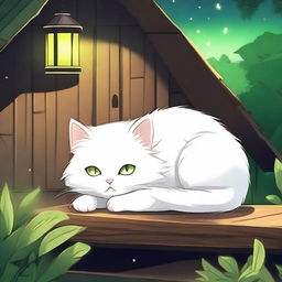 A fluffy white anime-style cat with bright green eyes sleeping at night with a background of a wooden house and fireflies flying above the cat