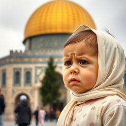 A young child crying with the backdrop of Al-Aqsa Mosque