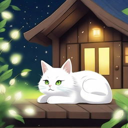 A fluffy white anime-style cat with bright green eyes sleeping at night with a background of a wooden house and fireflies flying above the cat