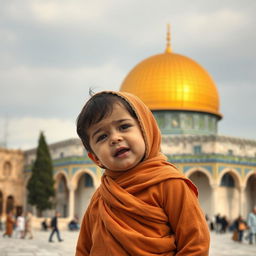 A young child crying with the backdrop of Al-Aqsa Mosque